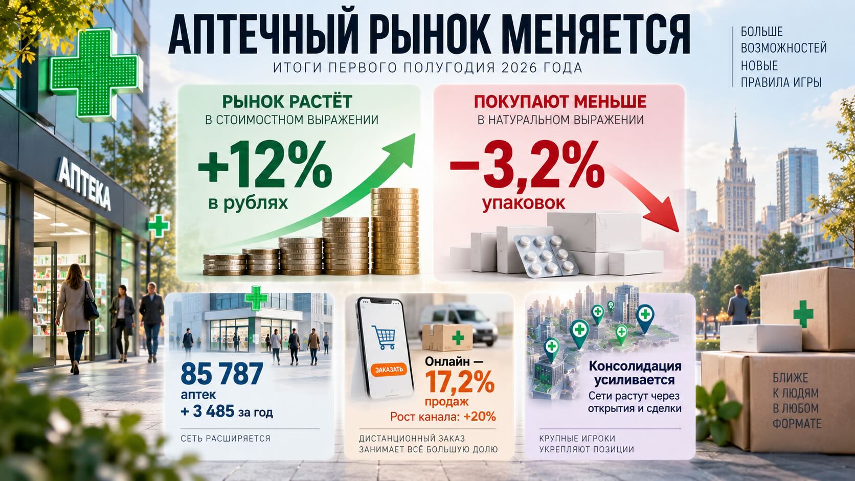 Инфографика аптечного рынка России: рост продаж на 12%, снижение упаковок на 3,2%, расширение сетей и рост онлайн-канала.