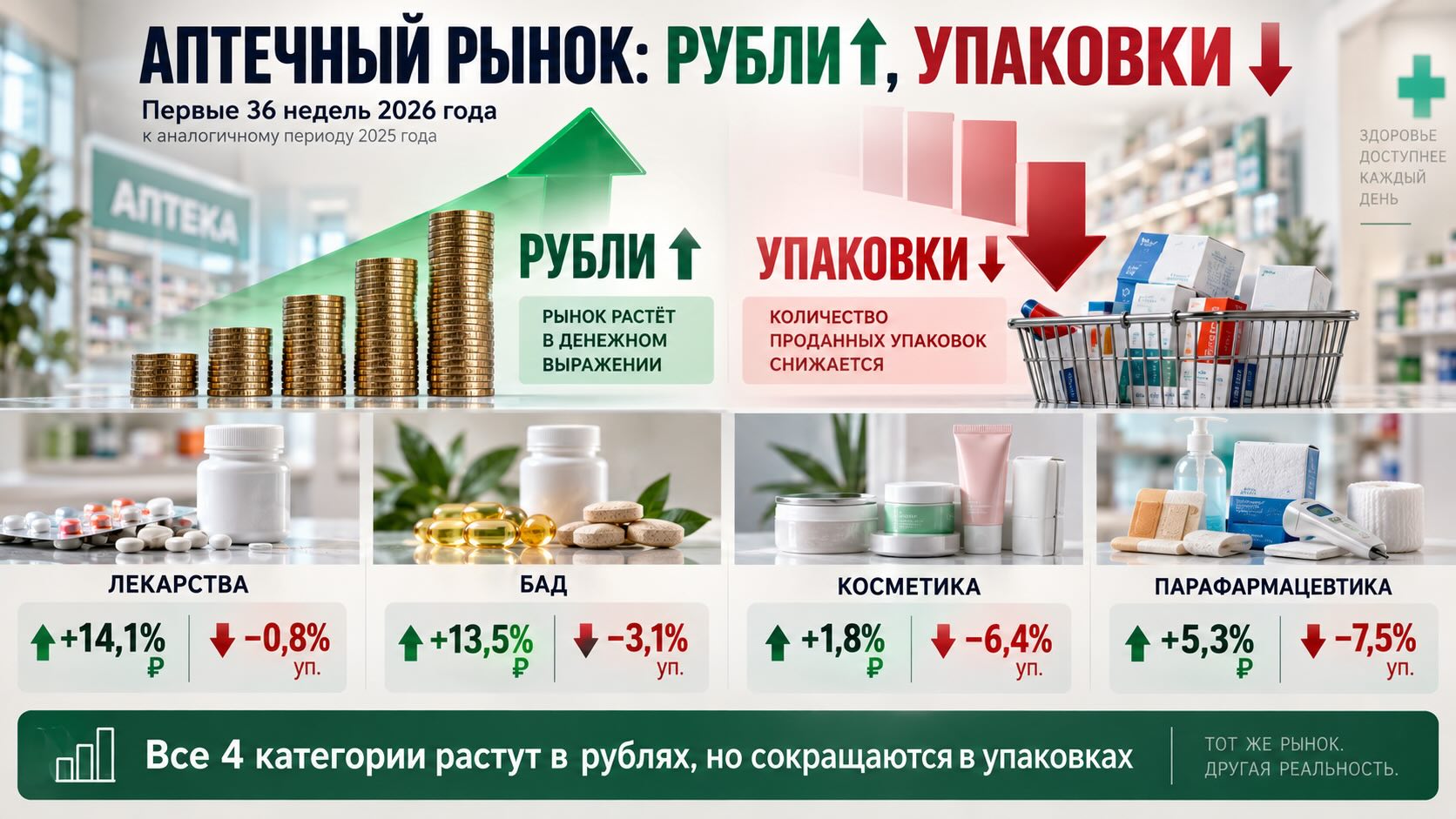 Инфографика аптечного рынка России: за 36 недель 2026 года продажи растут в рублях, но снижаются в упаковках Инфографика аптечного рынка России: за 36 недель 2026 года продажи растут в рублях, но снижаются в упаковках