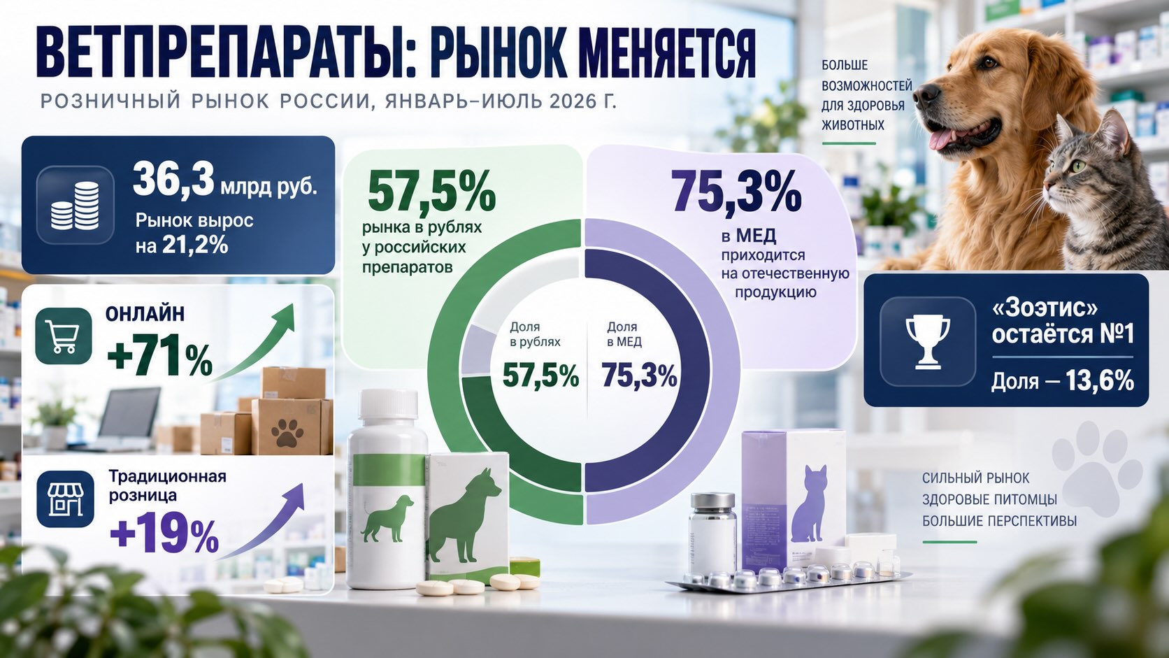 Инфографика российского рынка ветпрепаратов: отечественная продукция заняла 57,5% продаж в рублях и 75,3% в МЕД.