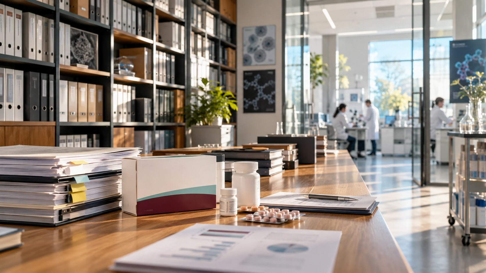 Stivarga и фармацевтическая документация в корпоративном архиве на фоне исследовательской лаборатории — продажа препарата Байер компании Grünenthal