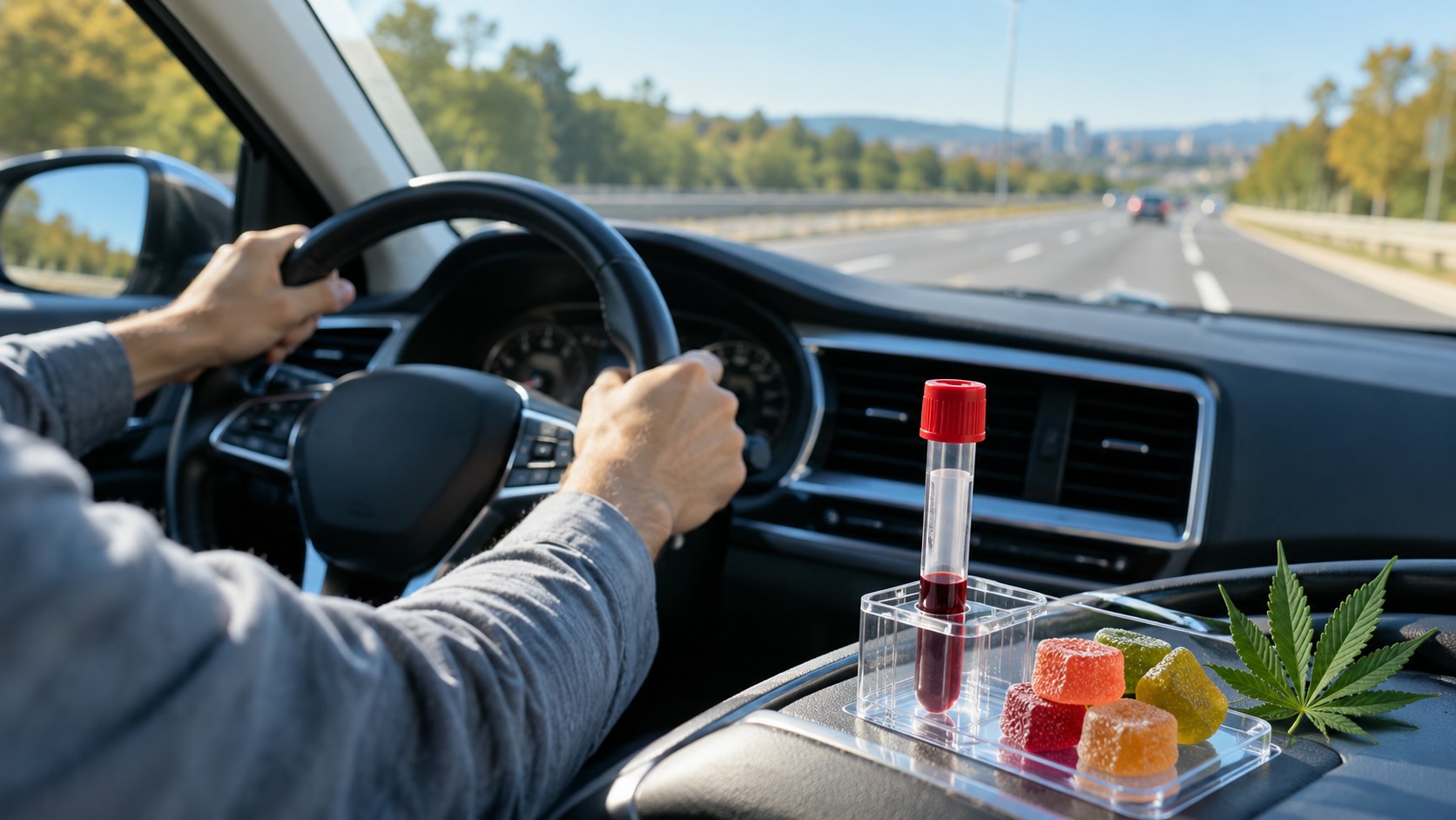 Вождение после cannabis edibles: пробирка с кровью и gummies в салоне автомобиля на фоне дороги, иллюстрирующие низкий THC в крови при сохраняющемся нарушении вождения