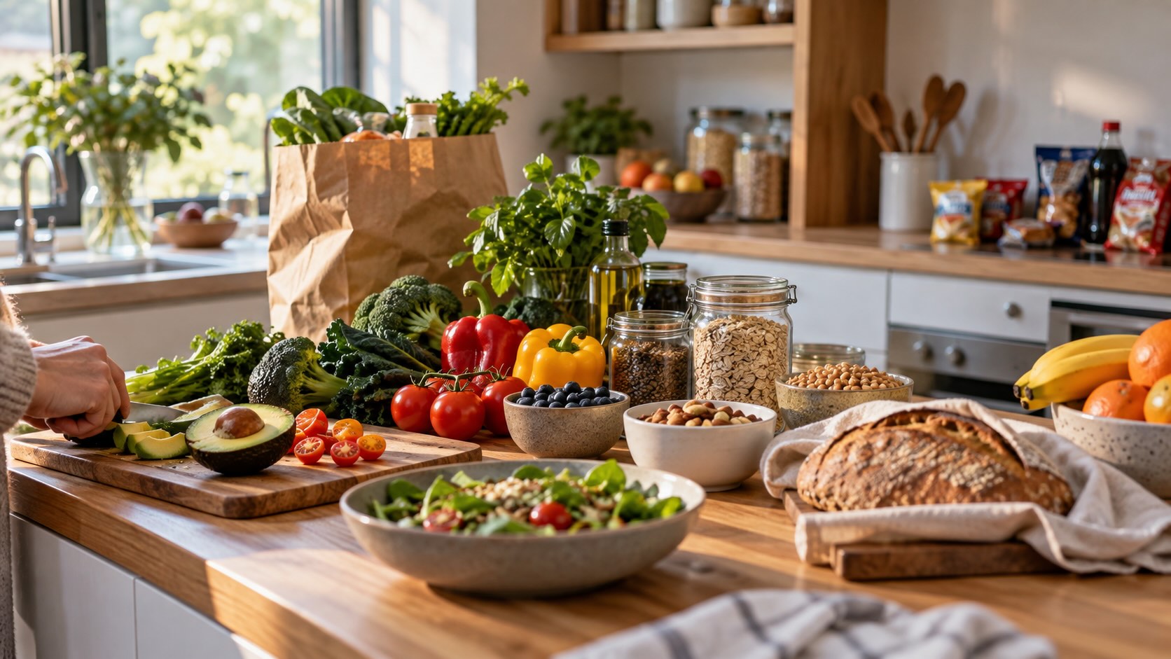 Домашняя кухня после сокращения ультрапереработанной еды: свежие продукты и крупы на рабочем столе, промышленные продукты отодвинуты в сторону