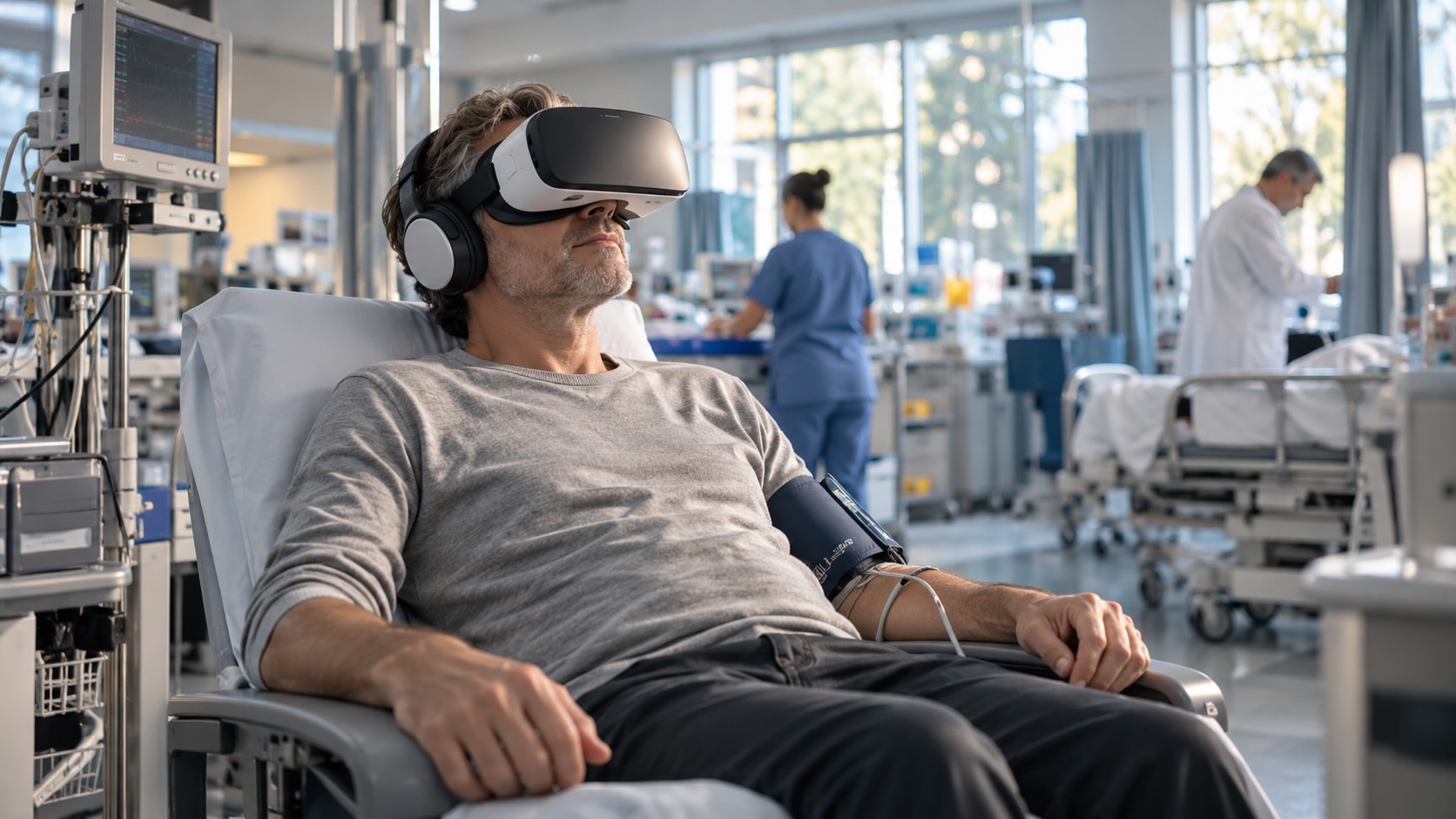Пациент с повышенным артериальным давлением в VR-шлеме и наушниках во время лечения в отделении неотложной помощи