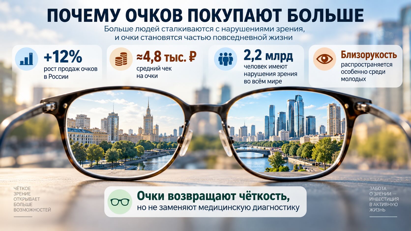 Инфографика о росте продаж очков, распространённости нарушений зрения и роли коррекции при близорукости