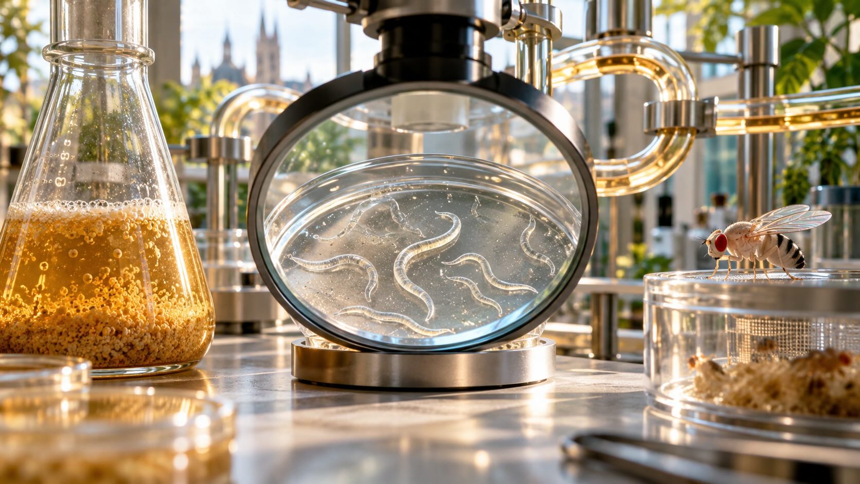 Активация AMPK и долголетие: культура дрожжей, нематоды C. elegans под увеличительным прибором и плодовая мушка Drosophila в современной лаборатории