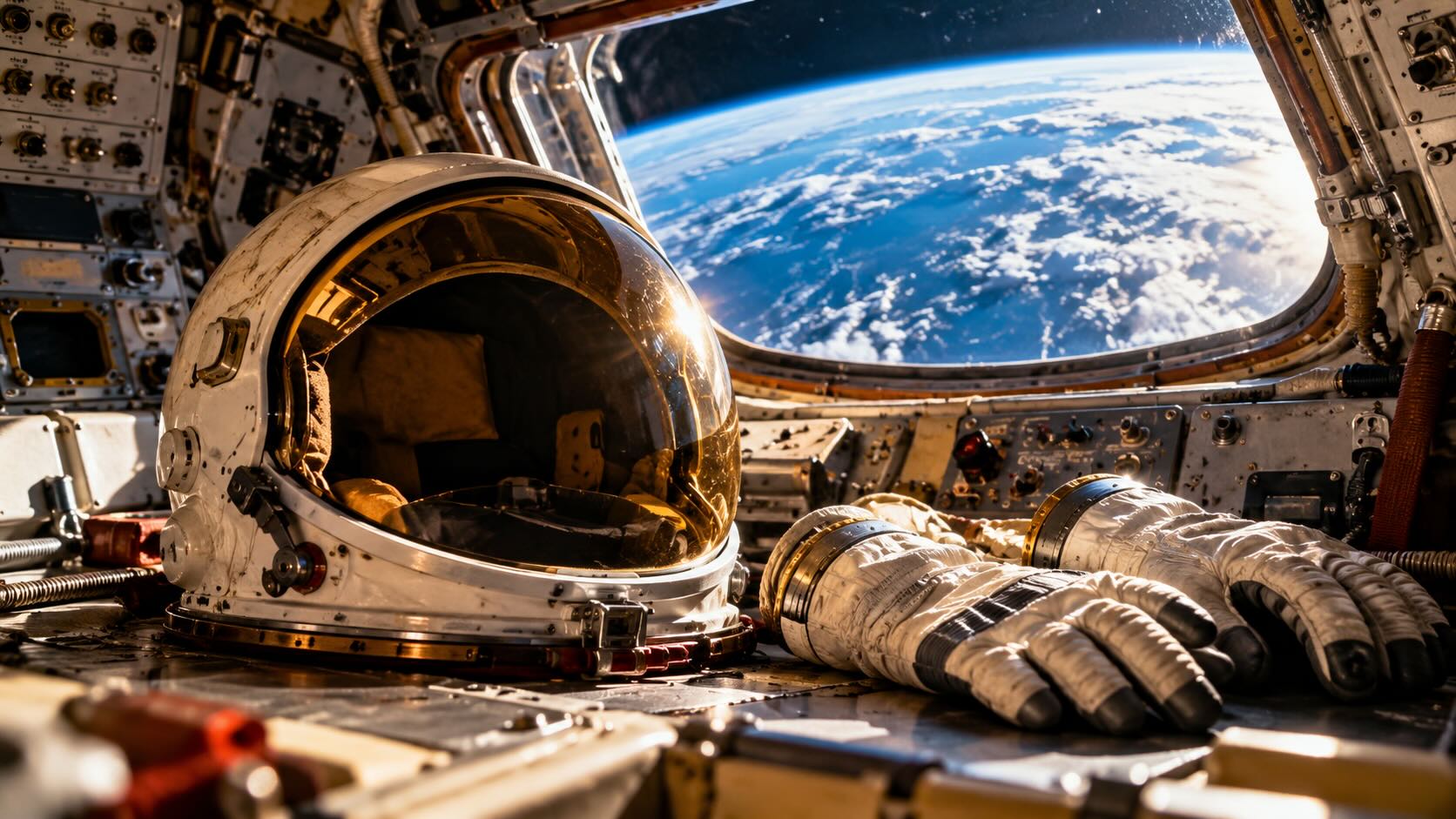 Шлем и перчатки астронавта в кабине «Аполлона-7» на фоне Земли - история простуды, из-за которой экипаж вернулся без герметичных шлемов