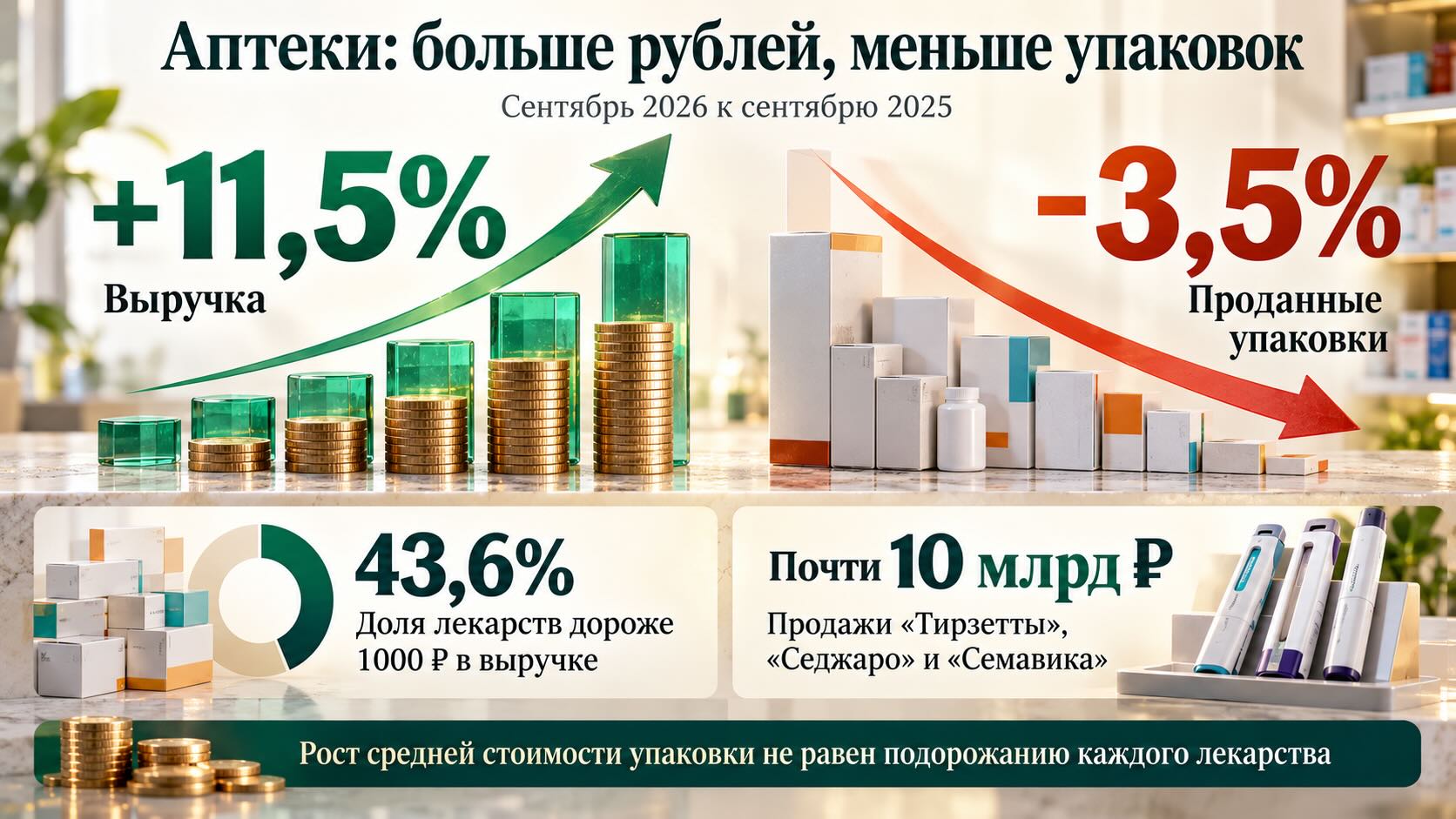 Инфографика аптечного рынка России за сентябрь 2026 года: выручка выросла на 11,5%, а продажи в упаковках сократились на 3,5%.