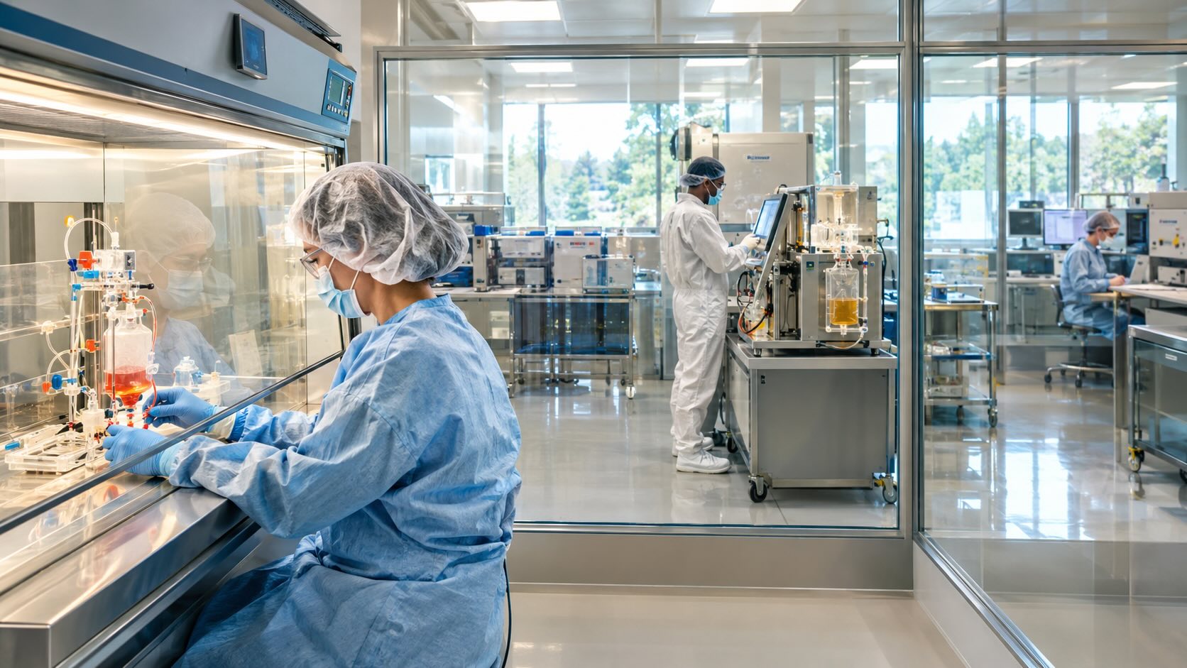 Производство CAR-T-клеток для лечения детского лейкоза: специалисты работают со стерильными клеточными системами в лаборатории клеточной терапии