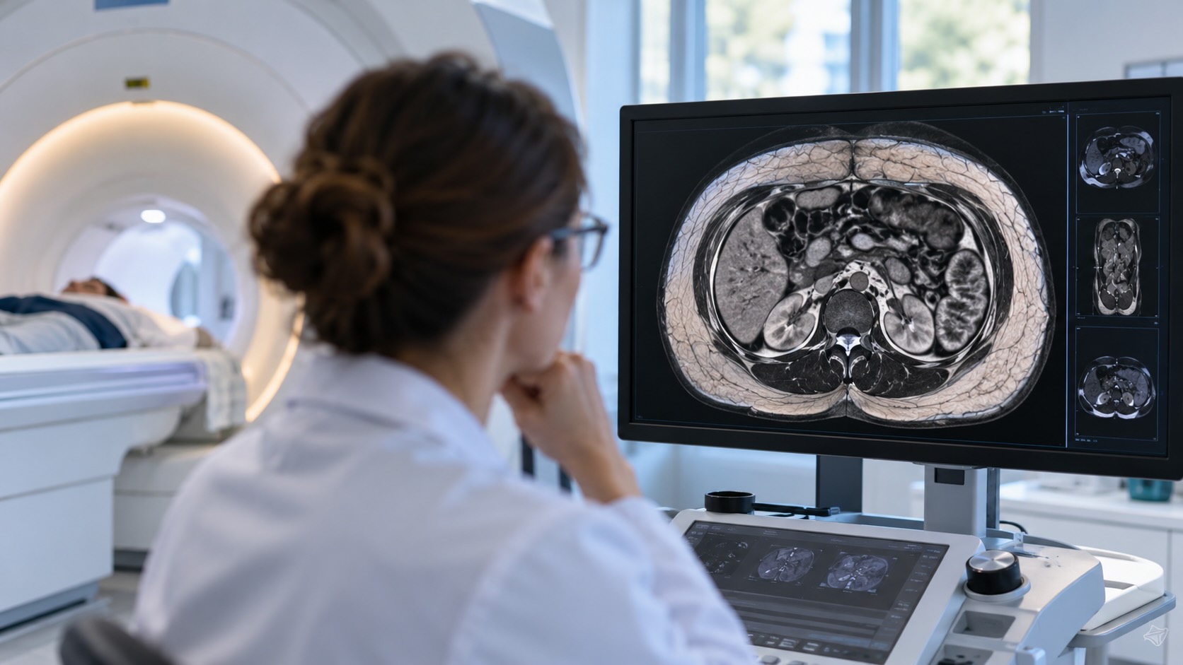 Исследователь изучает MRI живота с подкожным и висцеральным жиром в исследовании экспериментального препарата CBL-514