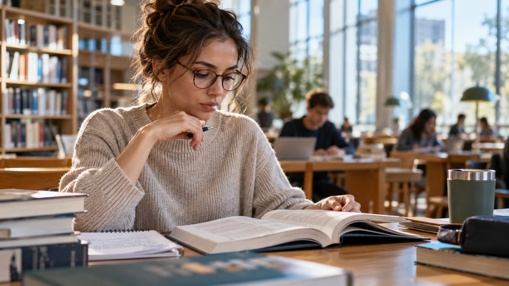 Жвачка и работа мозга Женщина читает научную книгу в университетском зале: жевательная резинка и мозг изучаются в исследованиях внимания и когнитивных функций
