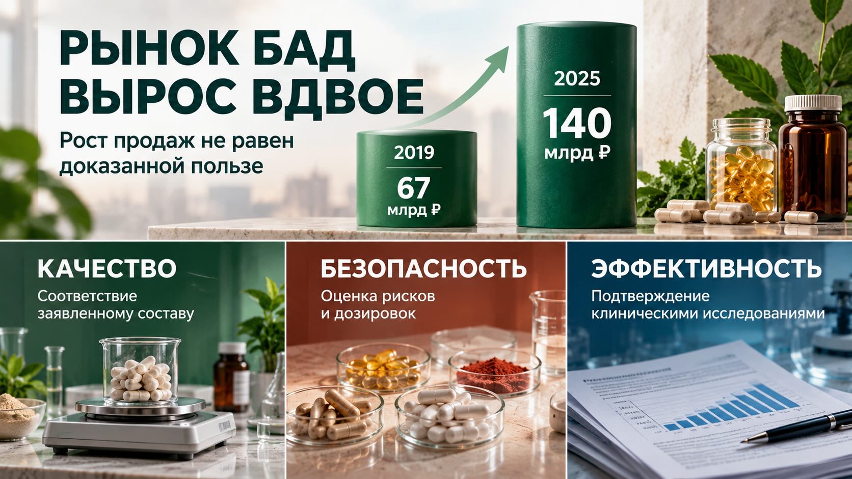 Инфографика роста рынка БАД с 67 до 140 млрд рублей за 2019–2025 годы и трёх критериев оценки добавок: качества, безопасности и эффективности.