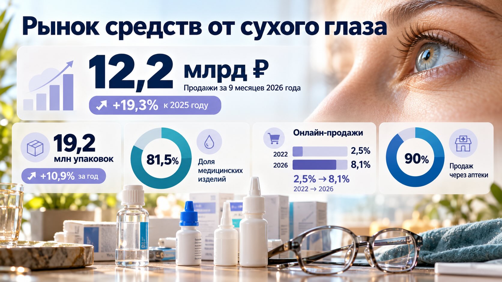 Инфографика рынка средств от сухого глаза в России: продажи 12,2 млрд рублей, доля медицинских изделий 81,5%, рост онлайн-продаж.