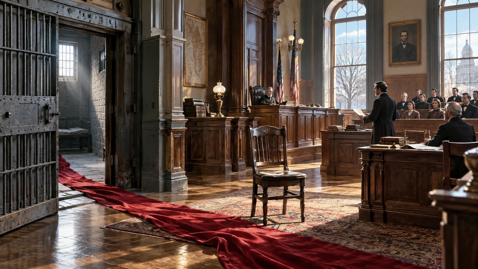 Историческая реконструкция суда по делу Элизабет Паккард в 1864 году: открытая дверь психиатрической больницы, зал суда и символический путь к защите прав пациентов