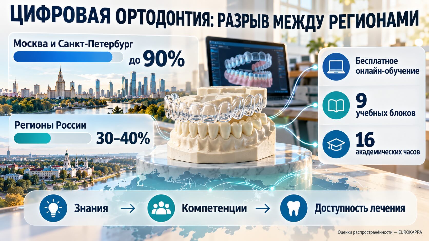 Цифровая ортодонтия в России: региональный разрыв и программа EUROKAPPA Инфографика EUROKAPPA: применение элайнеров в столицах и регионах России, бесплатное онлайн-обучение ортодонтов.