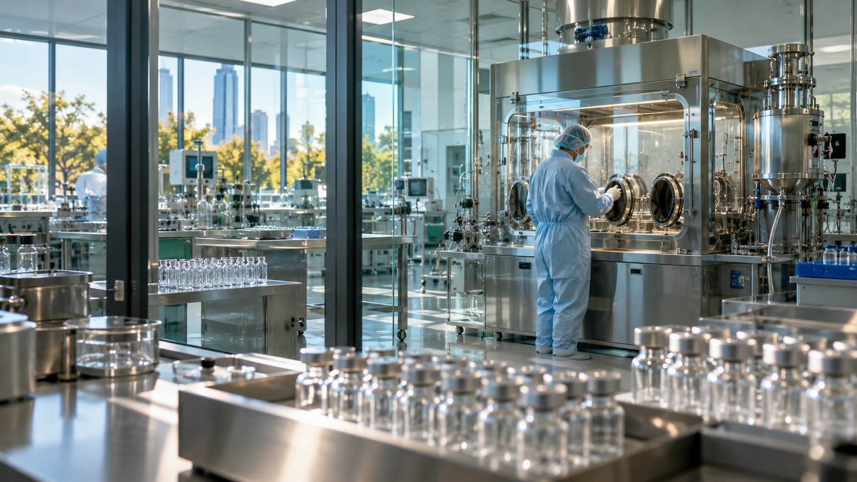 Специалист работает с фармацевтическим изолятором в стерильном помещении. Регулируемое изготовление экспериментальных пептидных препаратов в США.