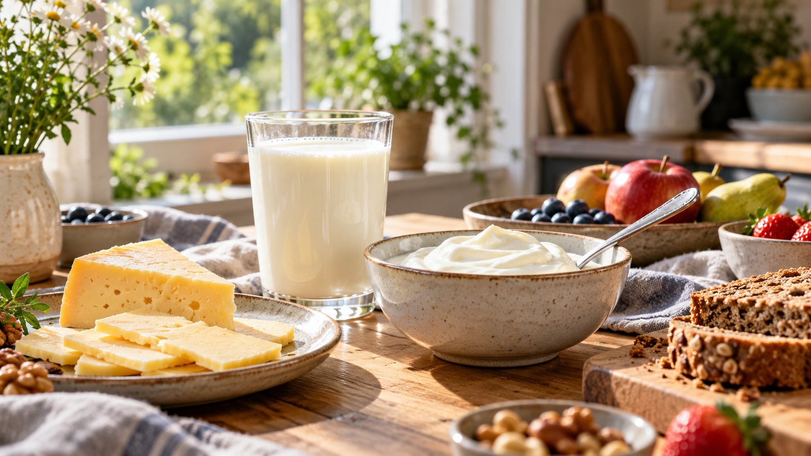 Молочные продукты и холестерин Жирные молочные продукты на столе: цельное молоко, греческий йогурт и сыр рядом с цельнозерновым хлебом и фруктами в светлой домашней кухне