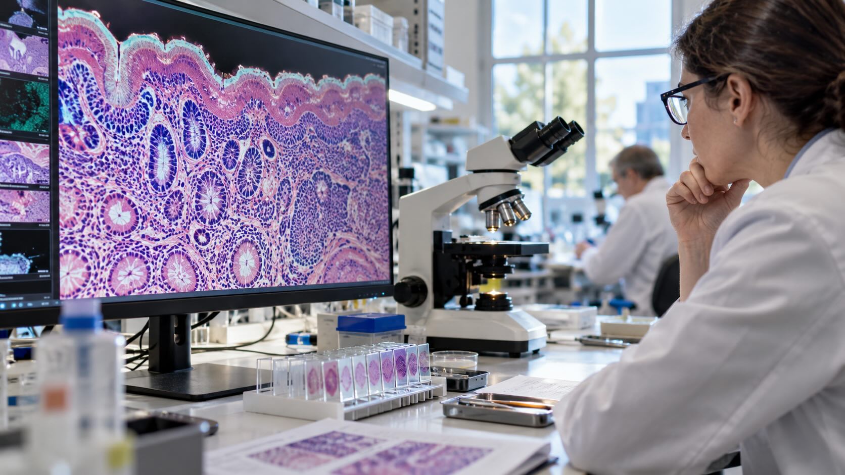 Исследователь изучает изменения слизистой желудка при Helicobacter pylori на экране рядом с микроскопом и образцами ткани