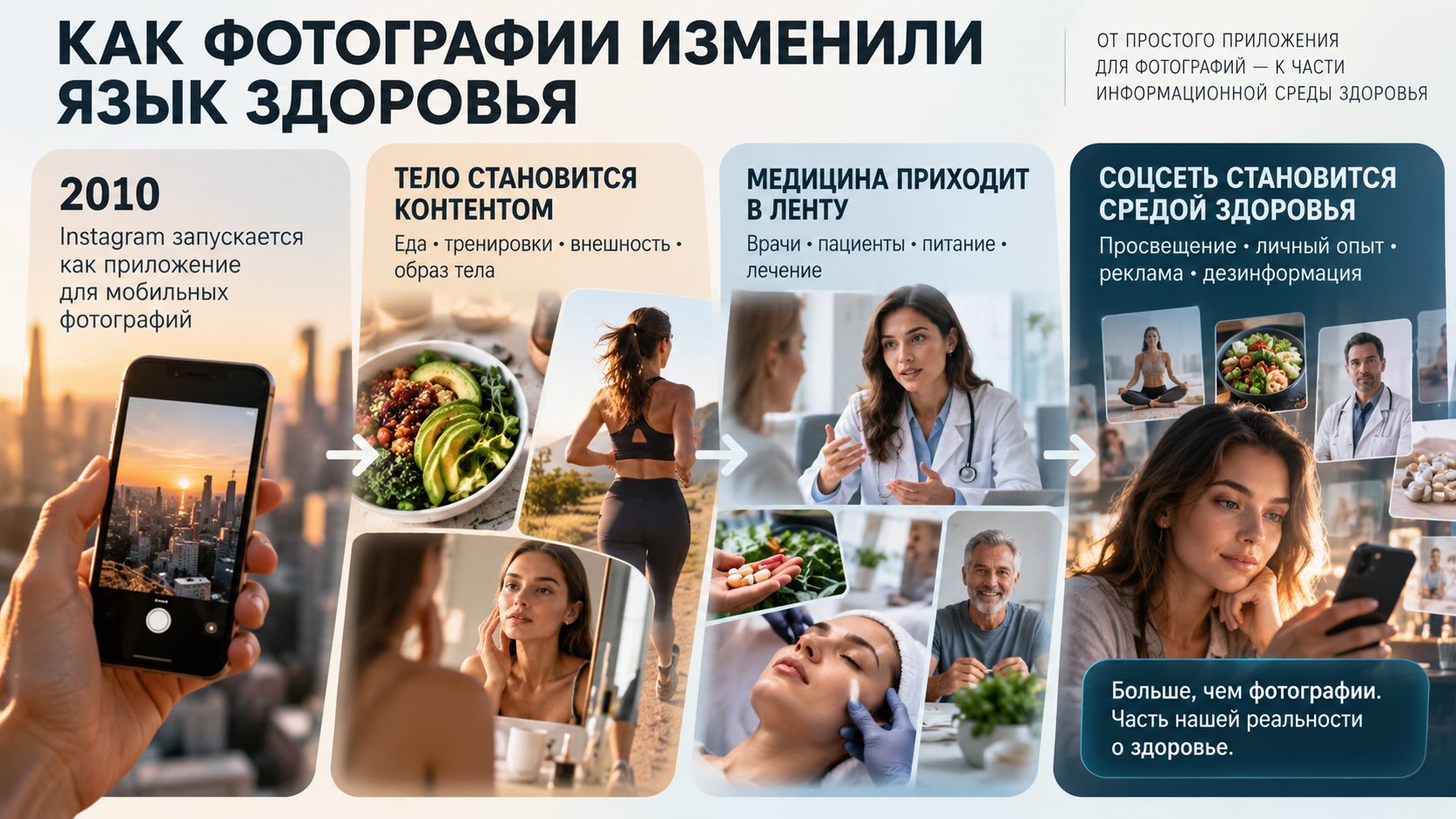 Инфографика о том, как Instagram прошёл путь от приложения для фотографий до среды, влияющей на образ тела и информацию о здоровье.
