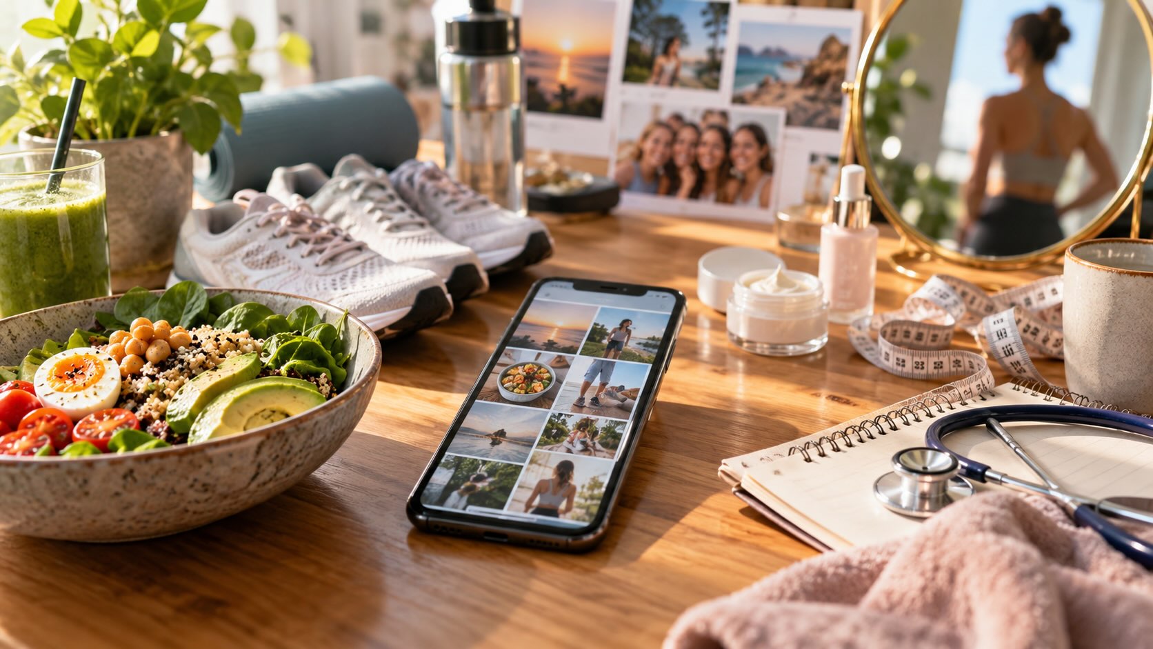 Instagram и здоровье: смартфон в окружении еды, спортивных вещей, косметики, медицинских предметов и зеркала как символ влияния соцсетей на образ тела