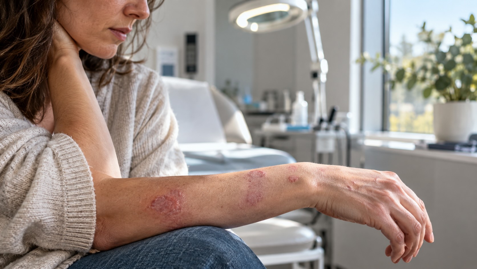 Женщина с проявлениями кожной красной волчанки на предплечье в дерматологическом кабинете на фоне исследования литфилимаба