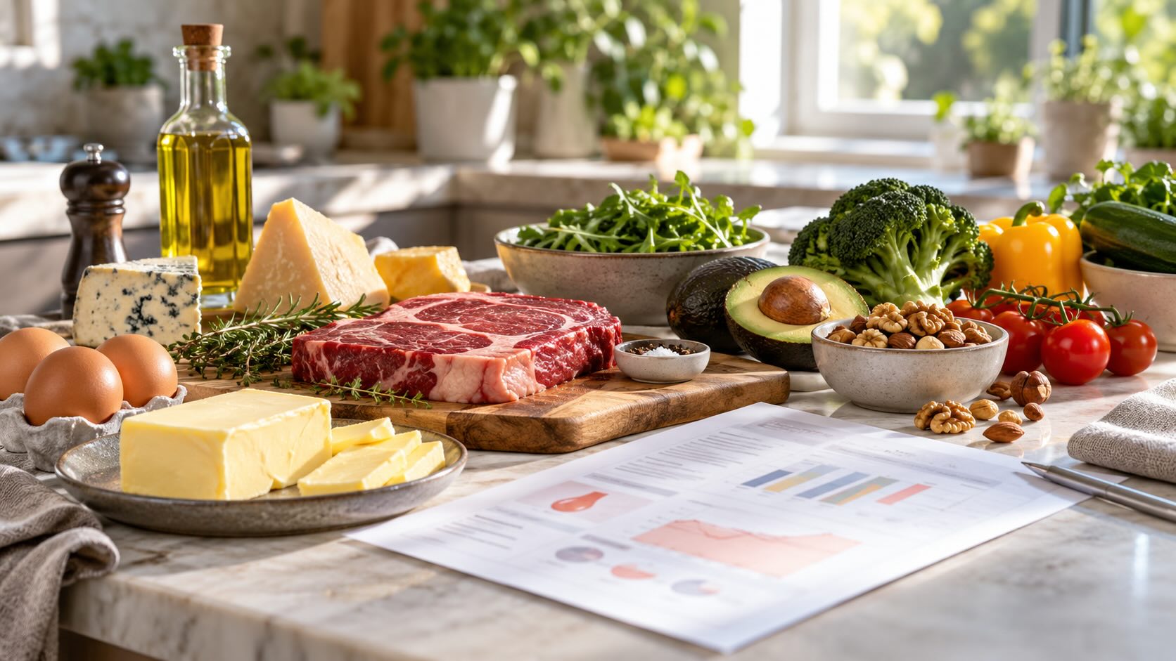 Low-carb рацион с насыщенными и ненасыщенными жирами рядом с результатами анализа крови на холестерин LDL