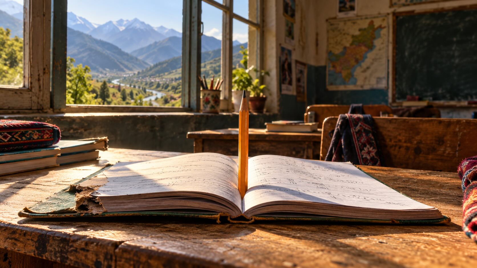 Школьная тетрадь и карандаш в классе с видом на долину Сват в Пакистане - символ борьбы Малалы Юсуфзай за образование после покушения 2012 года
