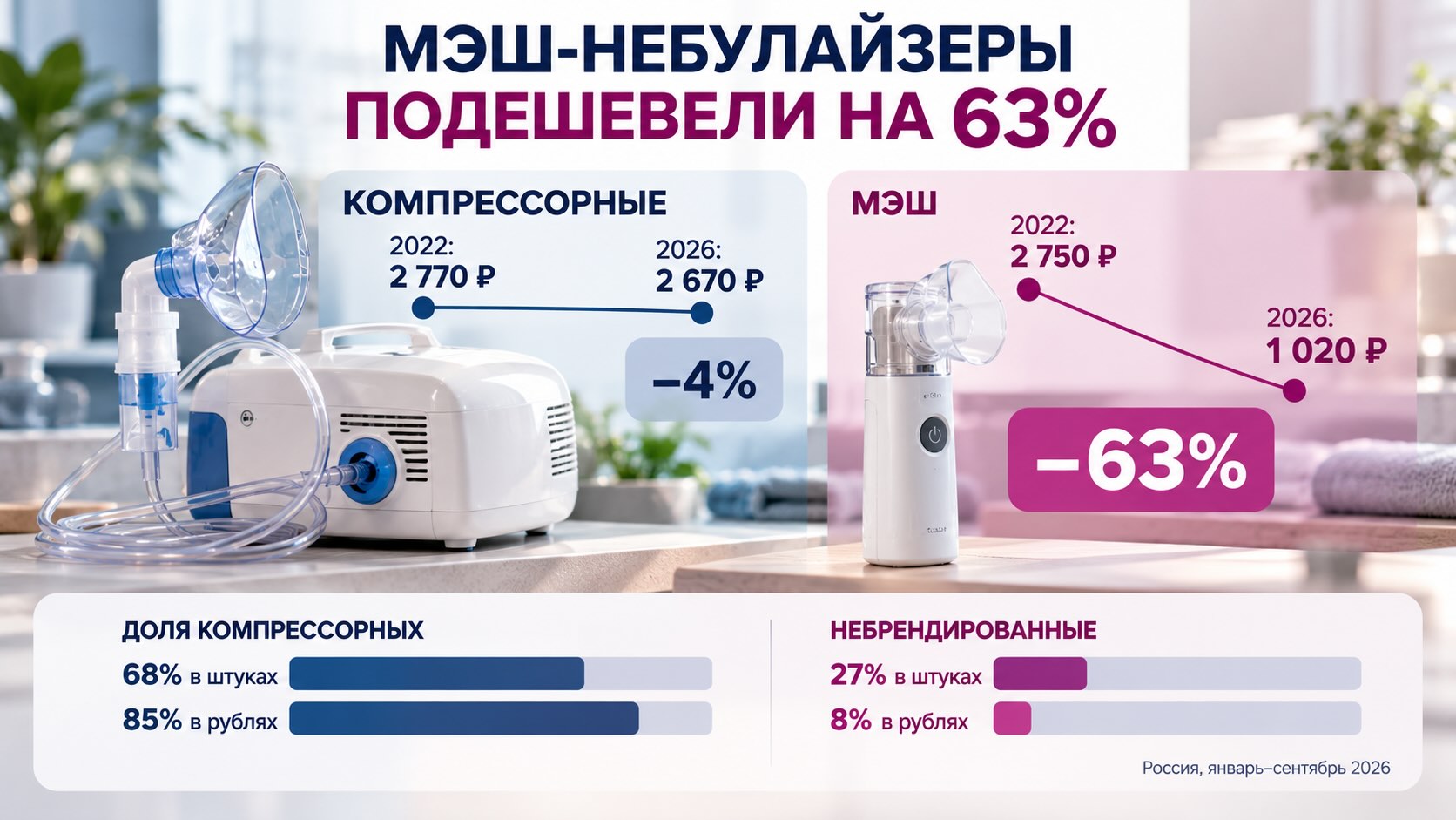 Инфографика изменения цен на МЭШ-небулайзеры и компрессорные ингаляторы в России за 2022–2026 годы, доли рынка