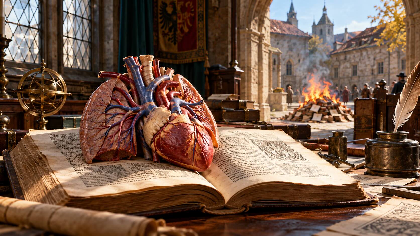 Анатомическая модель сердца и лёгких на старинной книге, на заднем плане горят книги. Мигель Сервет и история открытия малого круга кровообращения.