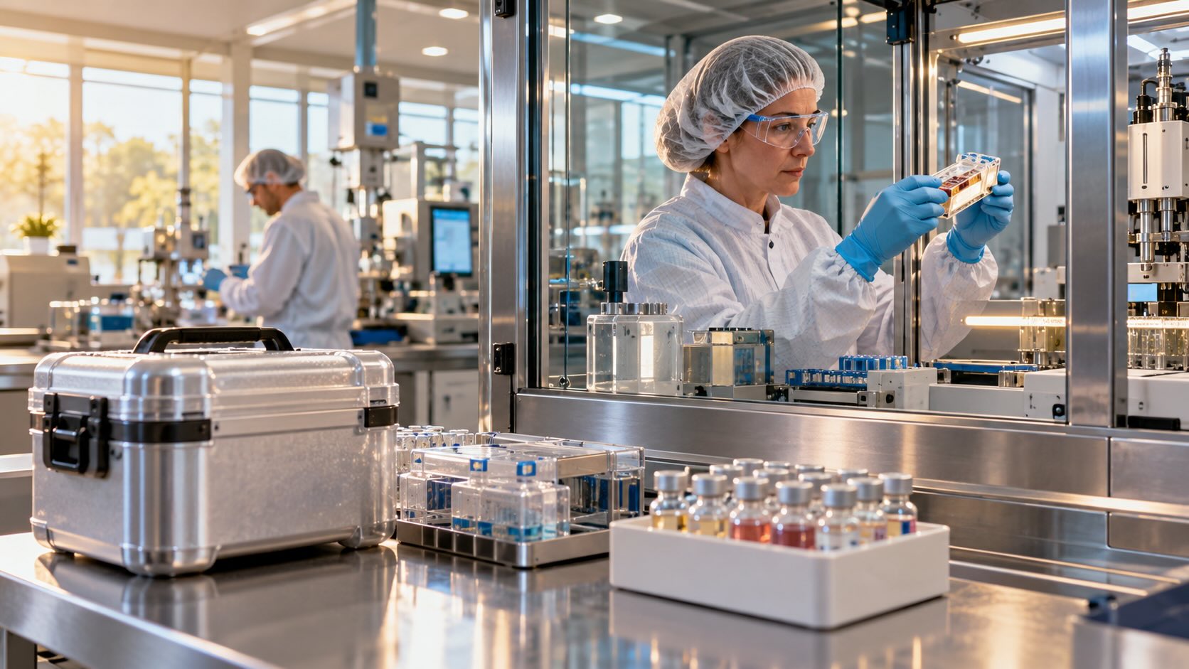 Специалист биотехнологического производства исследует образец для персонализированной мРНК-вакцины против меланомы в современной чистой зоне