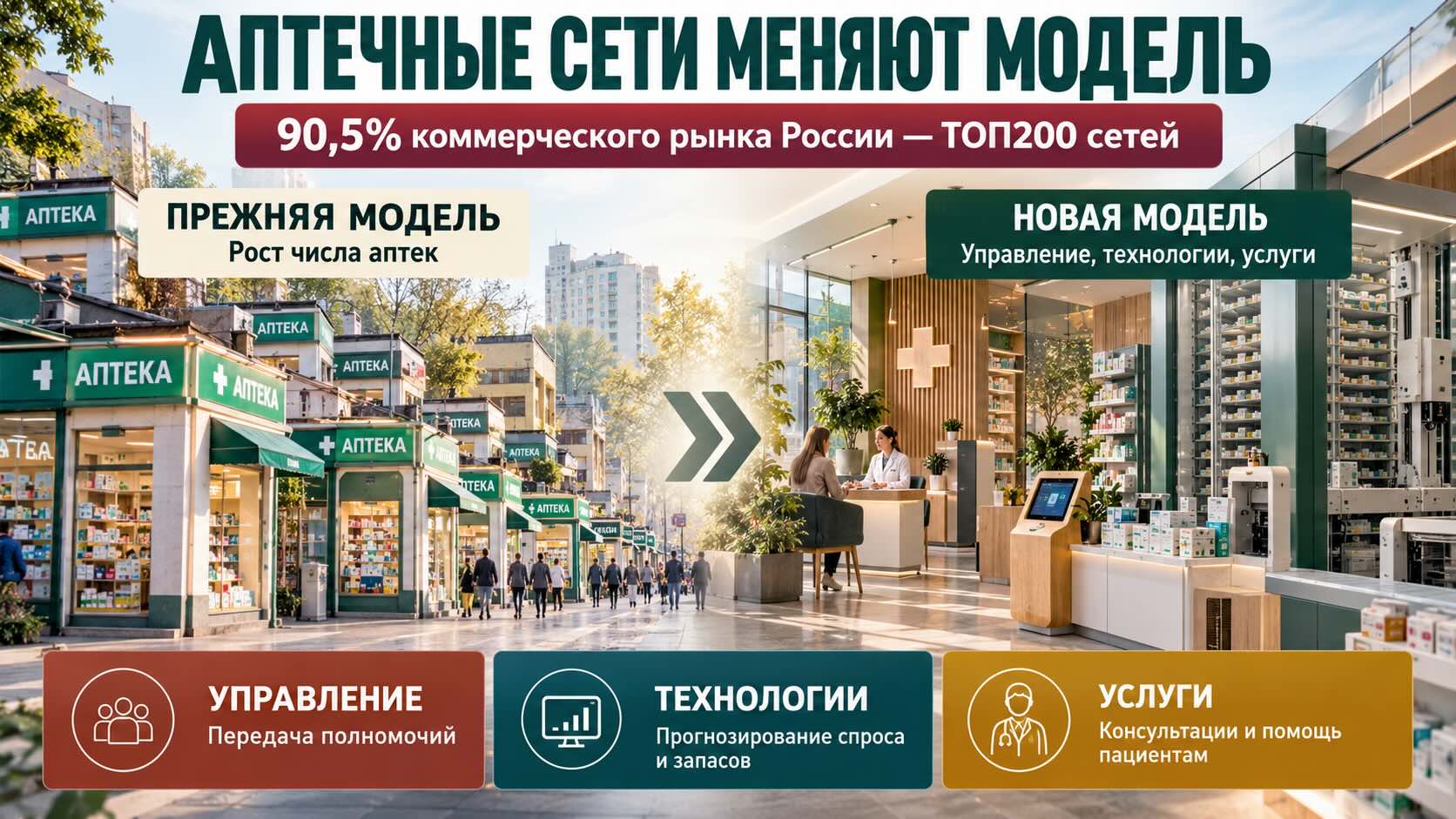 Инфографика о трансформации аптечных сетей: переход от роста числа аптек к профессиональному управлению, технологиям и услугам