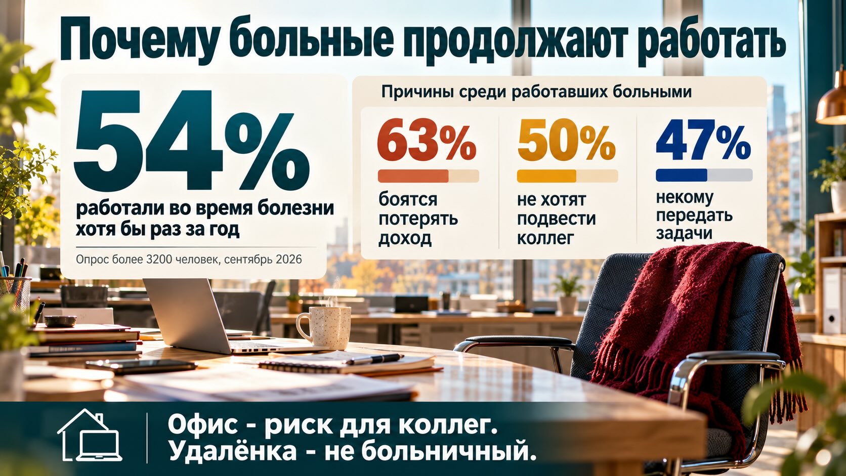 Инфографика о работе во время болезни: 54% опрошенных работали больными, основные причины - потеря дохода и ответственность перед коллегами.