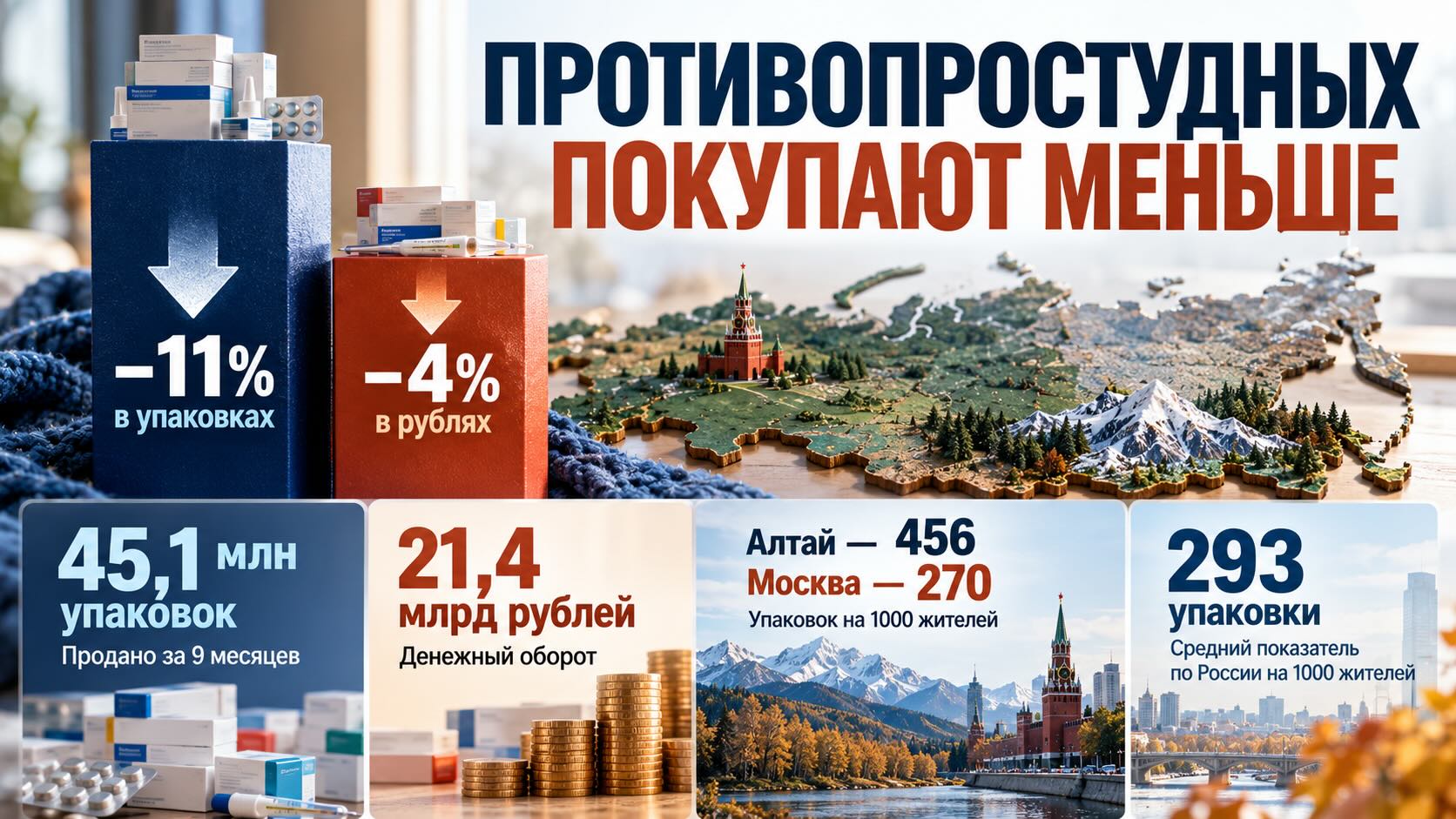 Продажи противопростудных препаратов в России и различия между регионами Инфографика продаж противопростудных препаратов в России за девять месяцев 2026 года: снижение на 11% в упаковках и сравнение регионов.