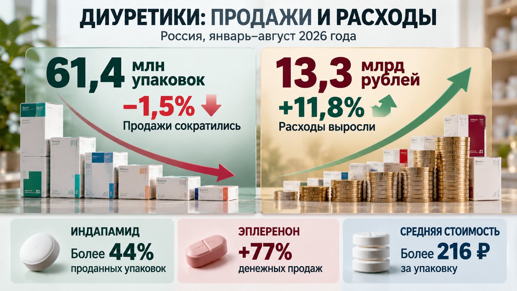 Инфографика рынка диуретиков в России за 2026 год: продажи упаковок снизились на 1,5%, а расходы выросли на 11,8%.