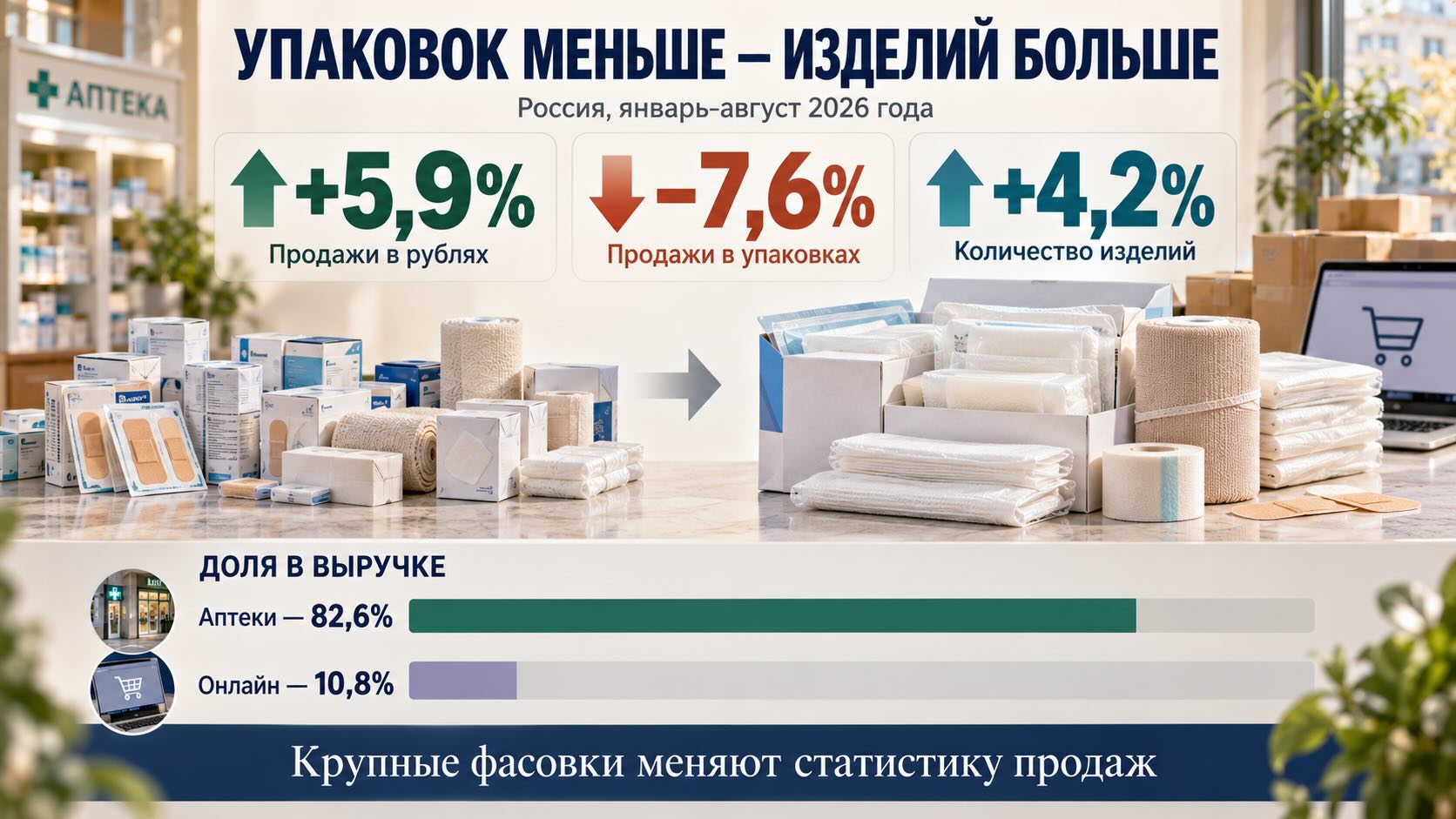 Инфографика рынка перевязочных материалов России за 2026 год: выручка выросла на 5,9%, продажи в упаковках упали на 7,6%.