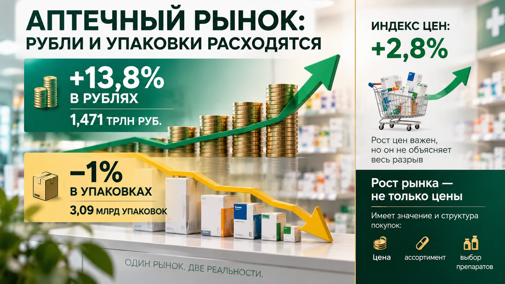 Инфографика аптечного рынка России: продажи лекарств выросли на 13,8% в рублях при снижении на 1% в упаковках