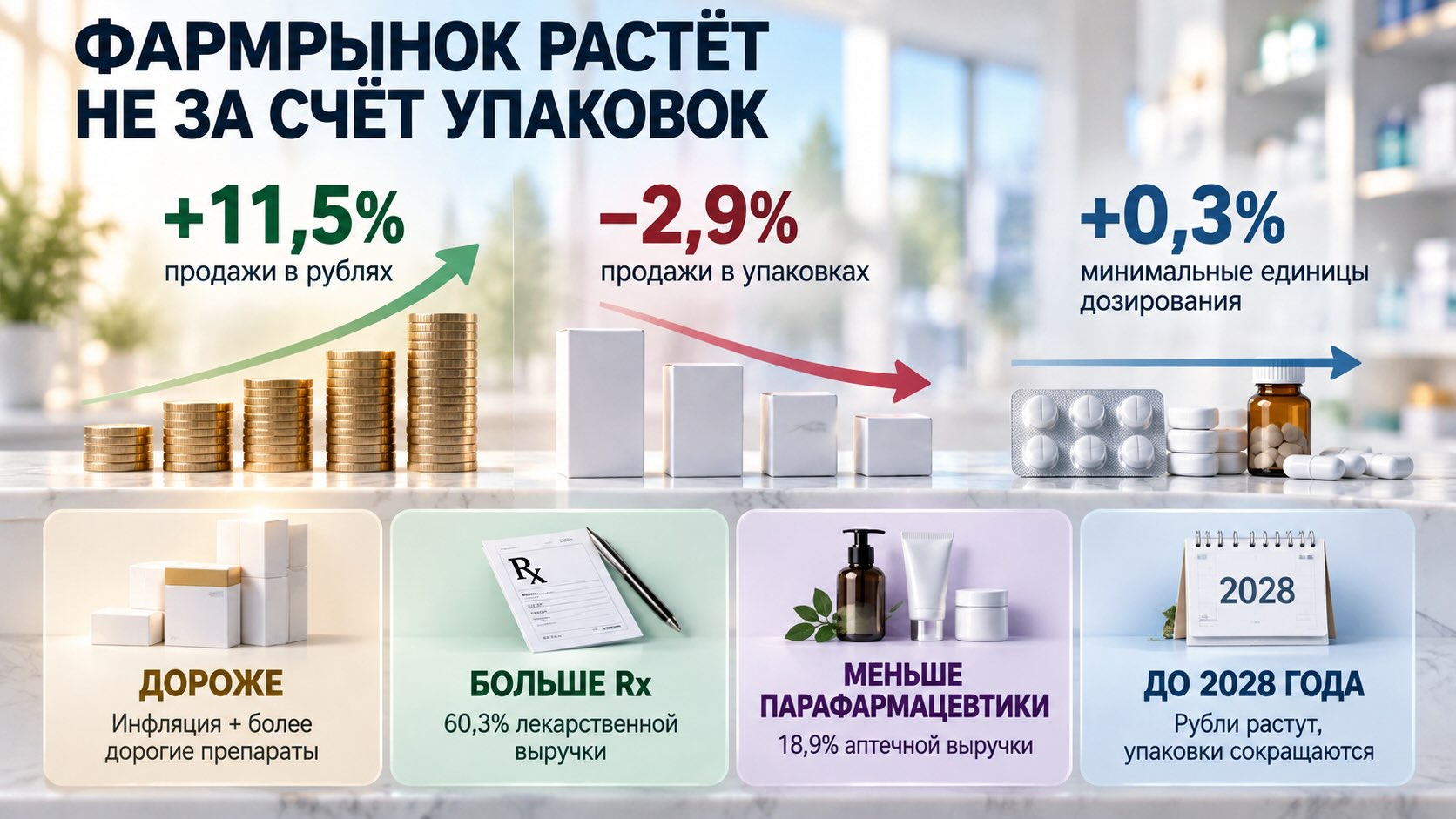 Российская фармрозница в 2026 году: продажи растут в рублях на 11,5%, число упаковок снижается, а потребление почти не меняется