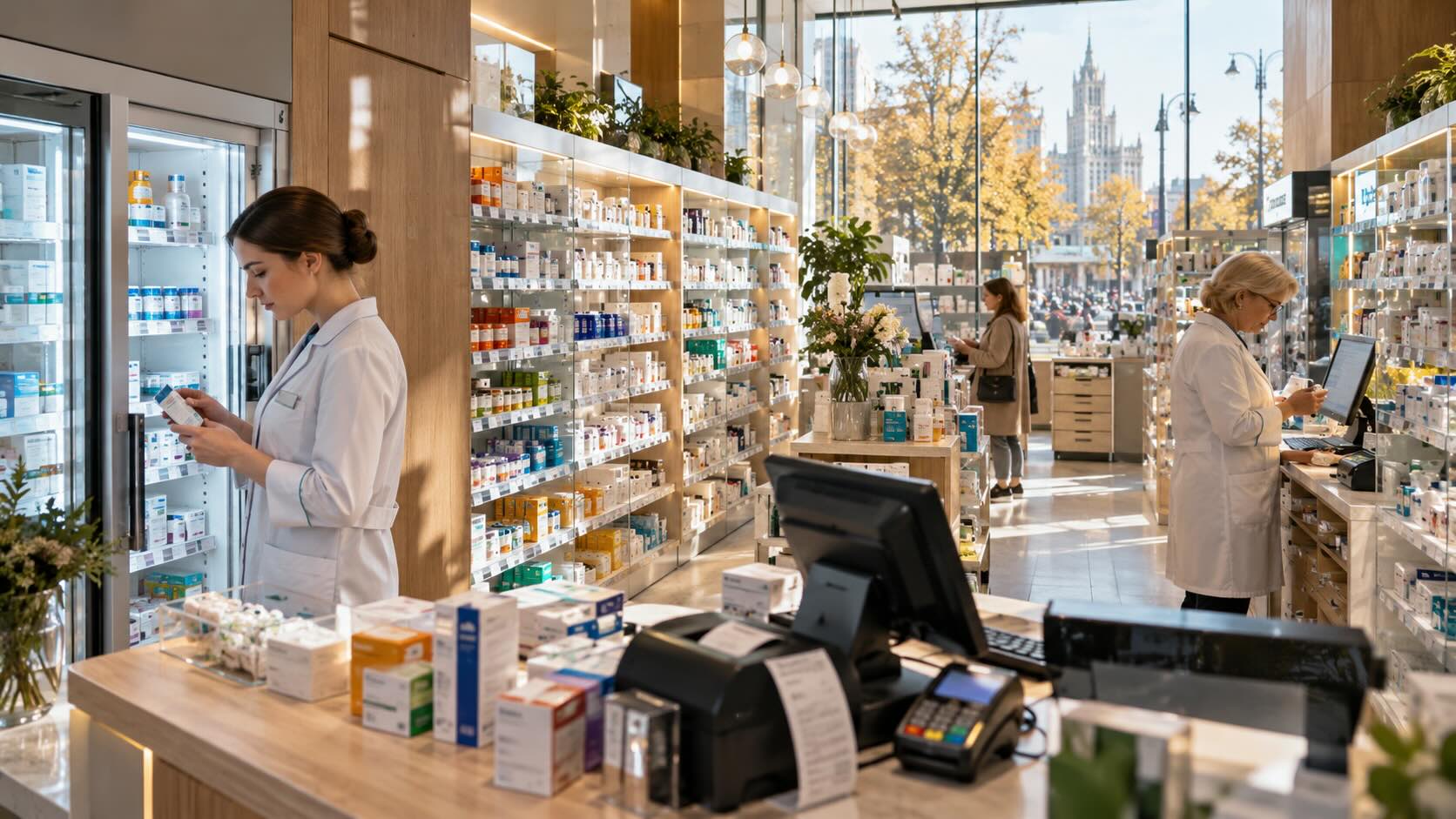 Современная аптека в Москве: фармацевты работают с лекарствами. Российский фармрынок в 2026 году увеличивает выручку при сокращении продаж упаковок.
