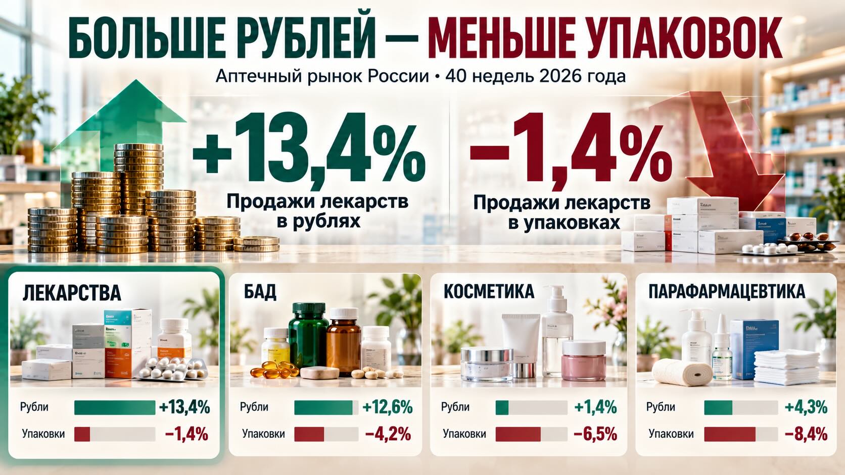 Аптечный рынок России 2026: рост выручки и сокращение продаж в упаковках Инфографика аптечного рынка России за 40 недель 2026 года: рост продаж лекарств на 13,4% в рублях при снижении на 1,4% в упаковках.