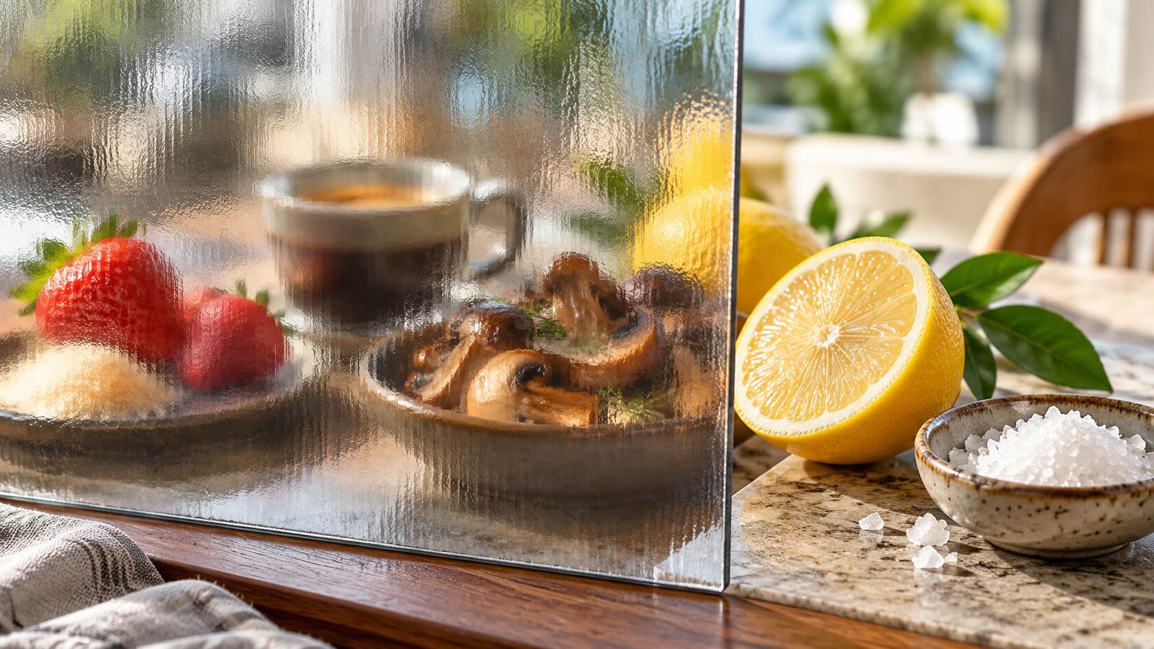 Потеря вкуса после COVID-19: клубника, кофе и грибы за рифлёным стеклом, лимон и соль на переднем плане - метафора избирательного нарушения вкусовых ощущений.