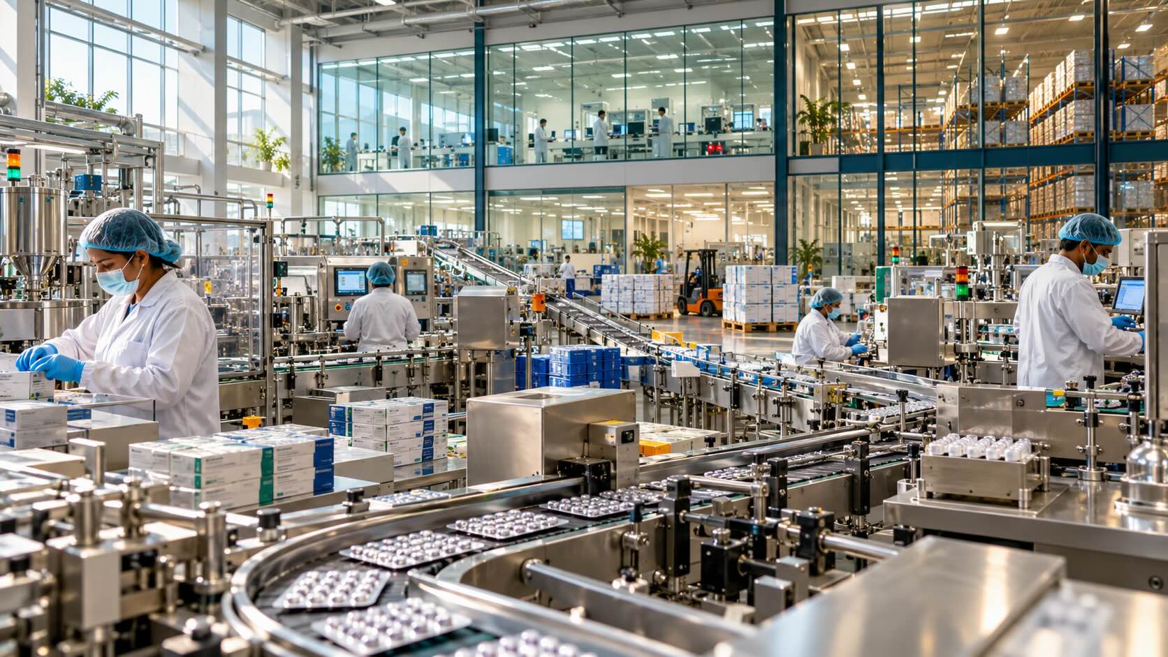 Фармацевтическое производство в Индии: упаковочные линии, сотрудники и склад готовой продукции на фоне интеграции Torrent Pharma и JB Pharma
