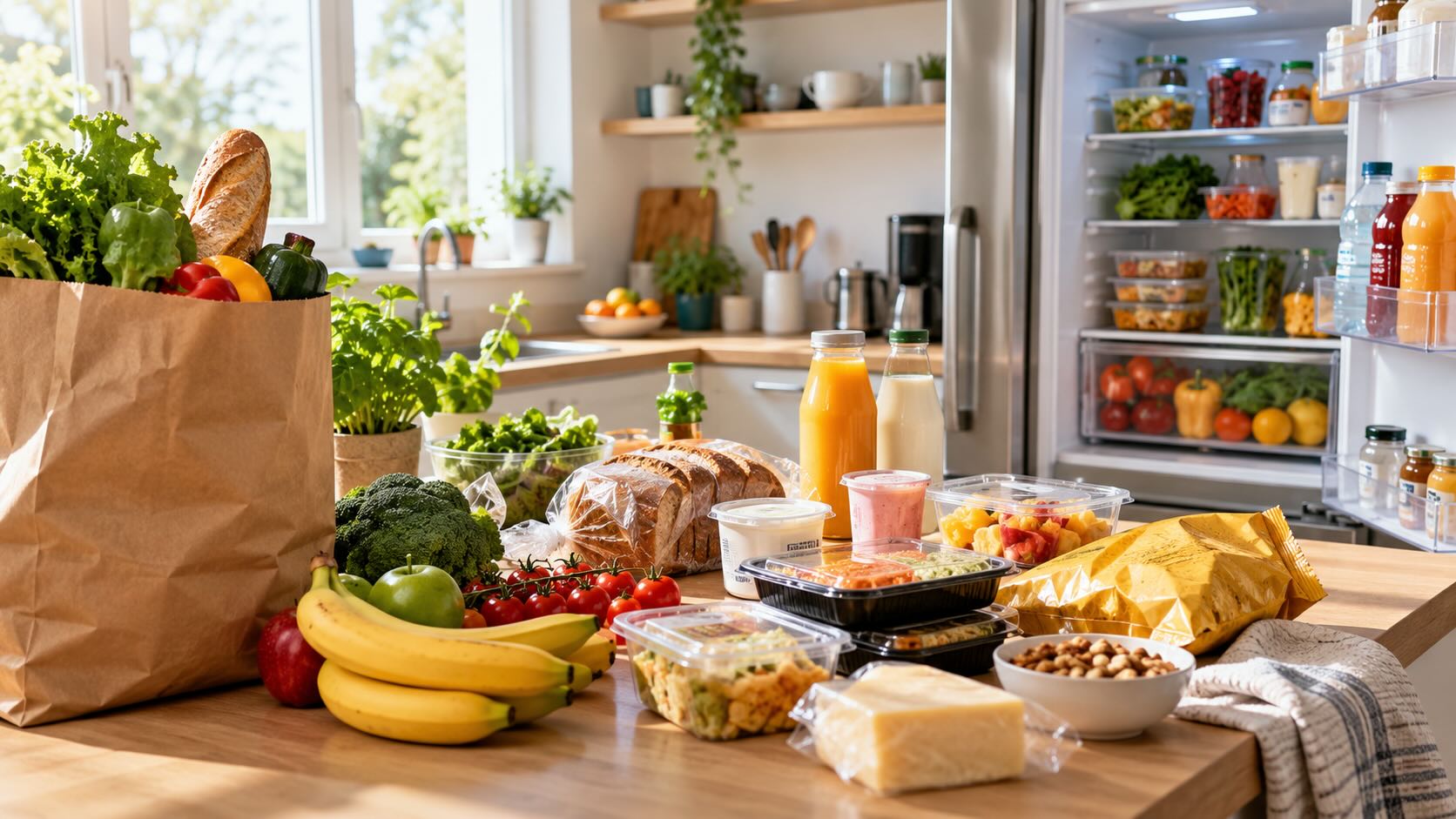 Ультрапереработанные продукты и свежая еда на кухне: готовые блюда, снеки, напитки, хлеб, овощи и фрукты в повседневном рационе