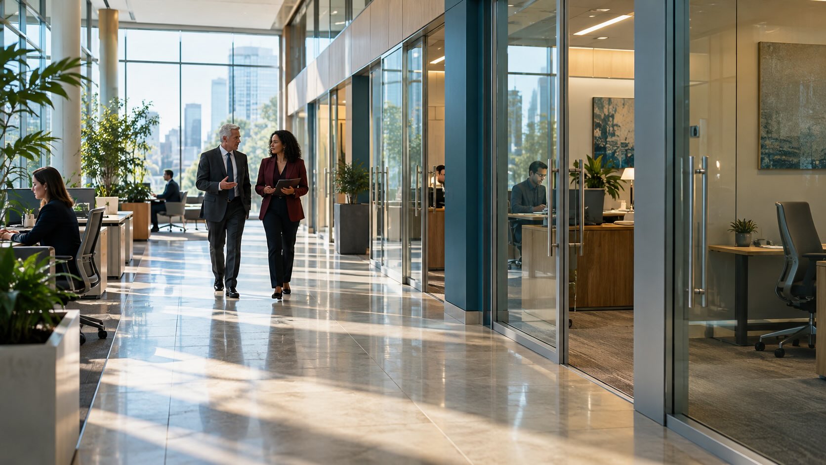 Финансовое восстановление UnitedHealth Group Современный офис медицинского страхования с сотрудниками и пустующими кабинетами — восстановление прибыли UnitedHealth на фоне сокращения числа клиентов.