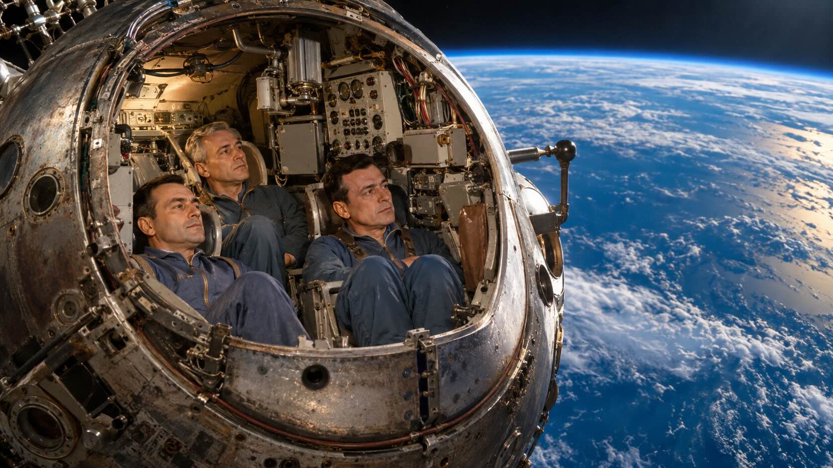 Три космонавта без скафандров внутри тесной кабины корабля «Восход-1» на фоне Земли. Историческая реконструкция первого многоместного космического полёта 1964 года.