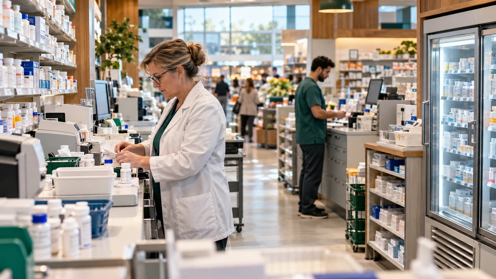Фармацевт готовит рецептурные препараты в современной американской аптеке. Walmart расширяет программу бесплатных лекарств для сотрудников с 2027 года.