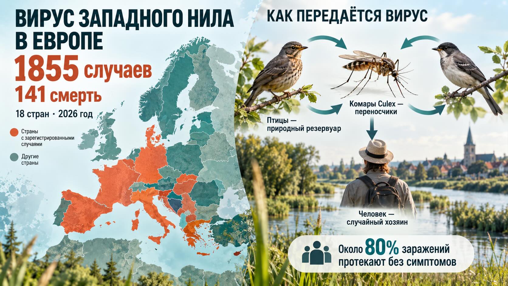 Инфографика о вирусе Западного Нила в Европе в 2026 году: 1855 случаев, 141 смерть и механизм передачи от птиц через комаров Culex.