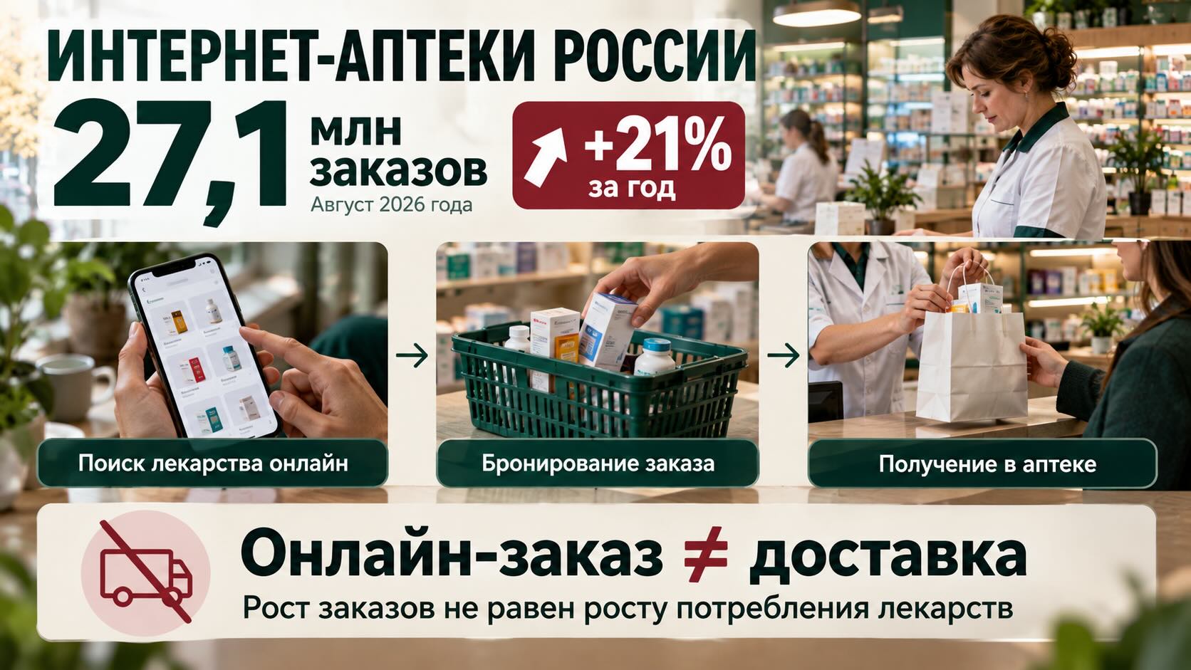 Инфографика рынка интернет-аптек России: 27,1 млн заказов в августе 2026 года, рост на 21% и схема онлайн-бронирования лекарств.